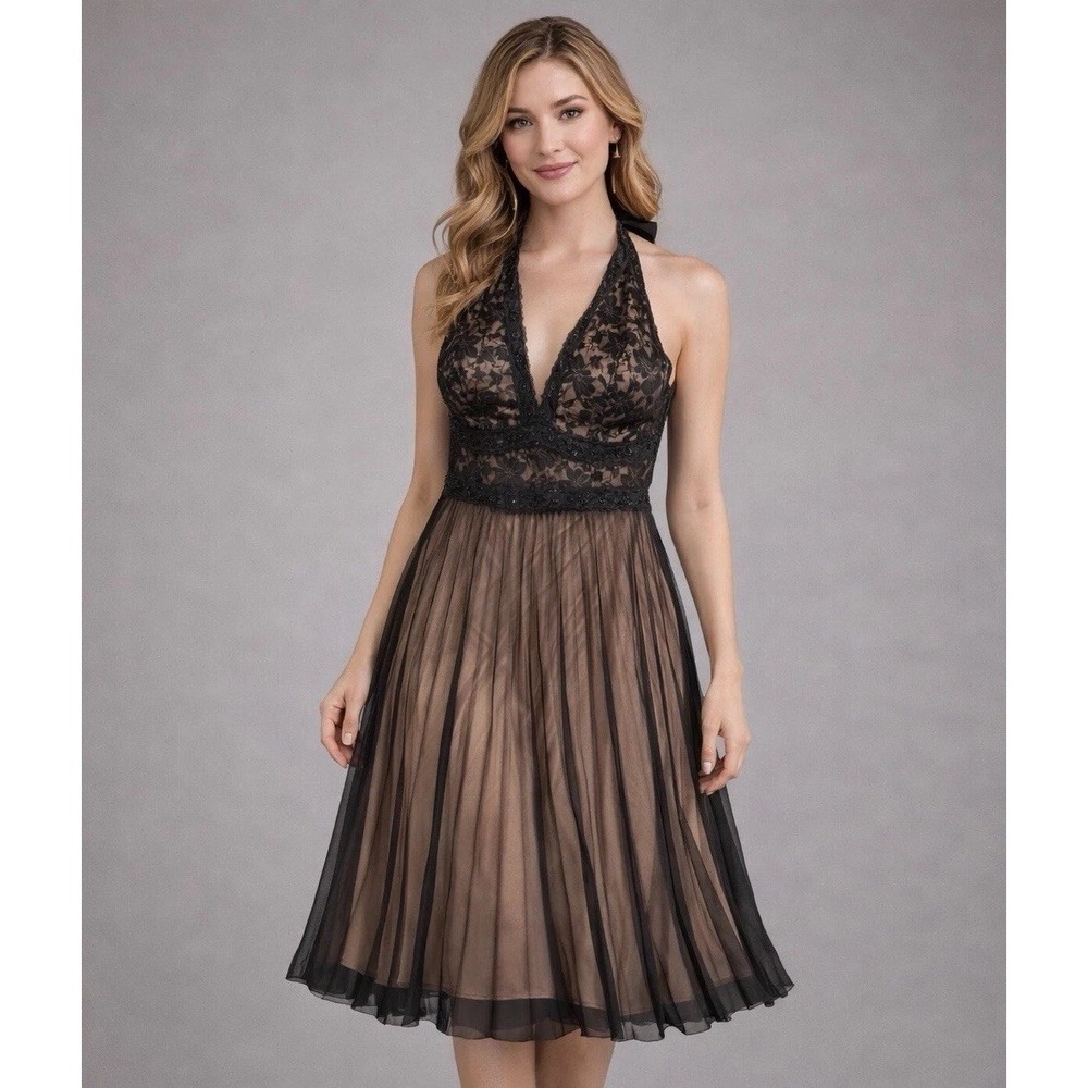 NWT Y2K AGB Halter Dress Womens 16 Pleated Lace Blake Nude